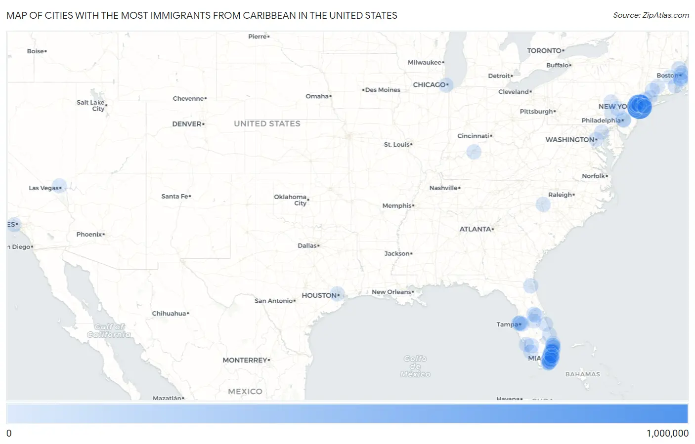 Cities with the Most Immigrants from Caribbean in the United States Map
