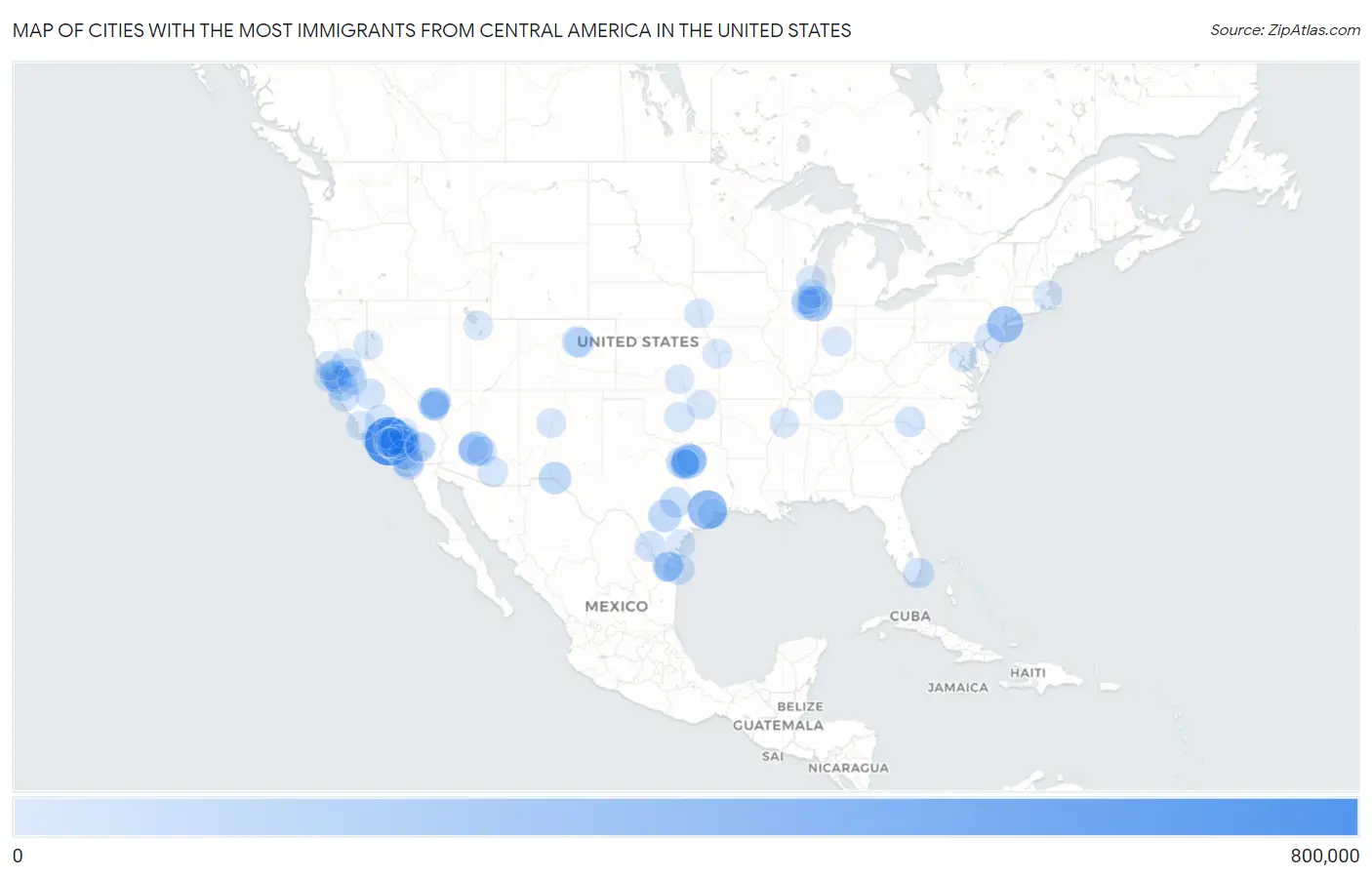 Cities with the Most Immigrants from Central America in the United States Map