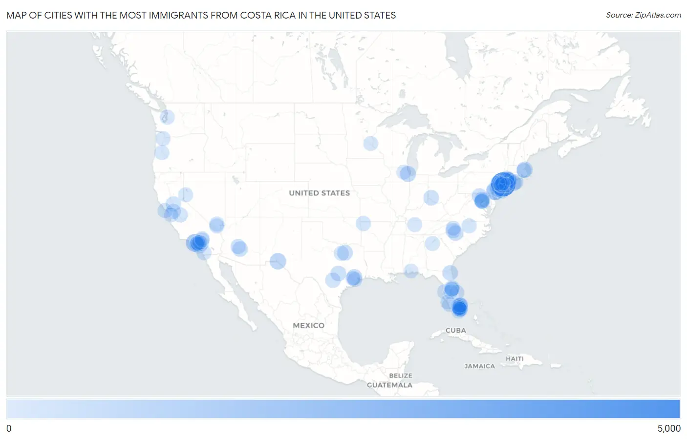 Cities with the Most Immigrants from Costa Rica in the United States Map