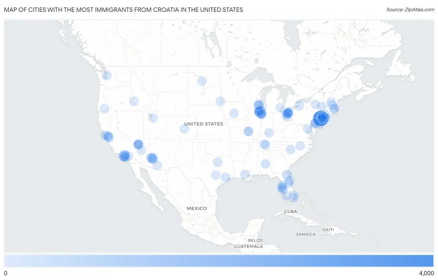 Cities with the Most Immigrants from Croatia in the United States Map