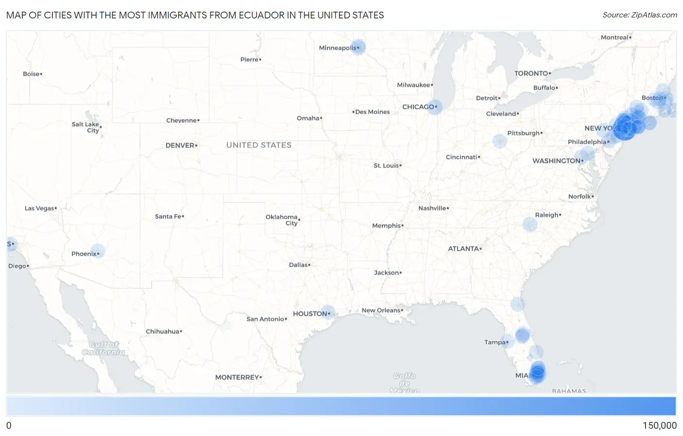 Cities with the Most Immigrants from Ecuador in the United States Map