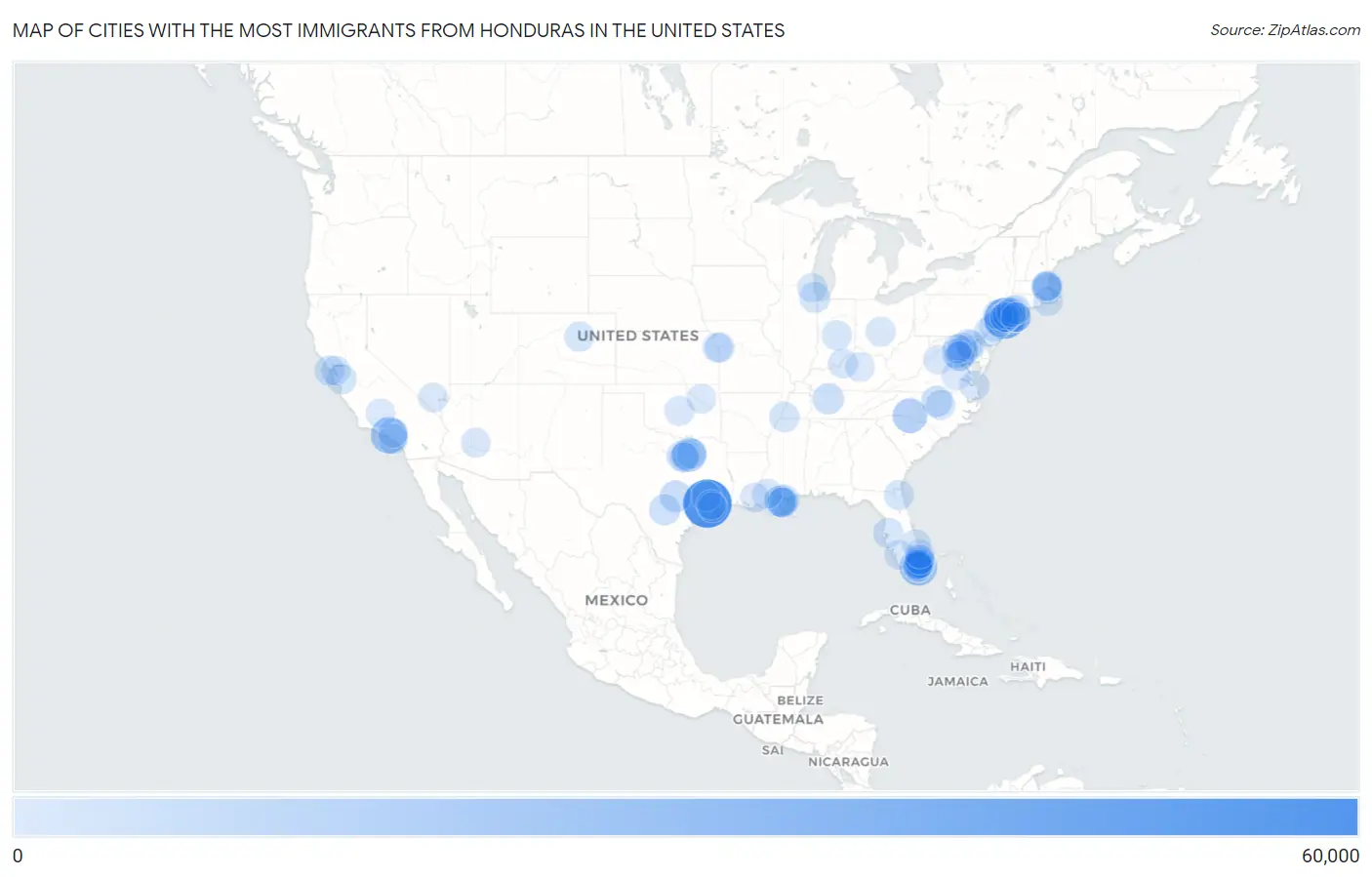 Cities with the Most Immigrants from Honduras in the United States Map