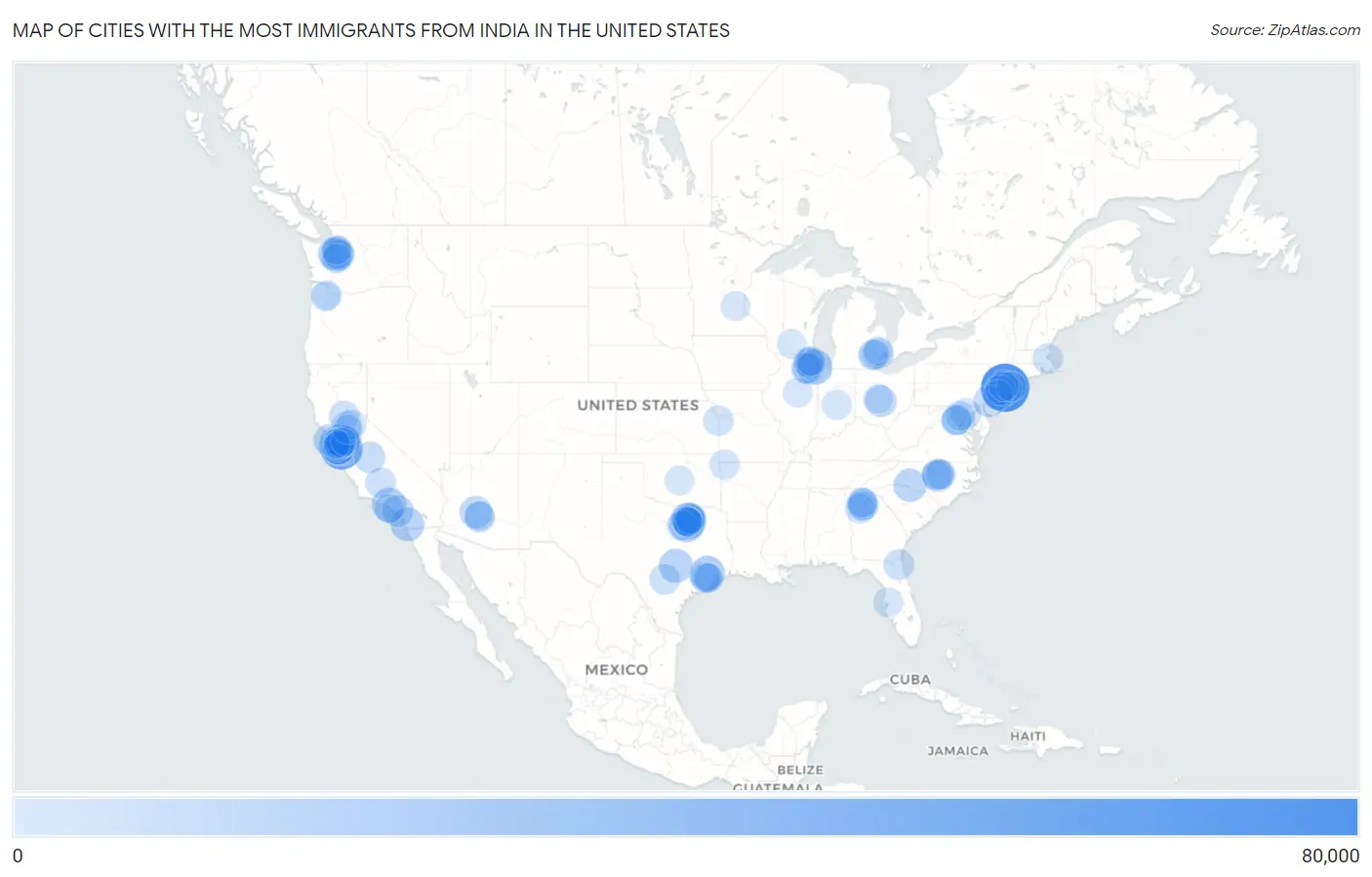 Cities with the Most Immigrants from India in the United States Map