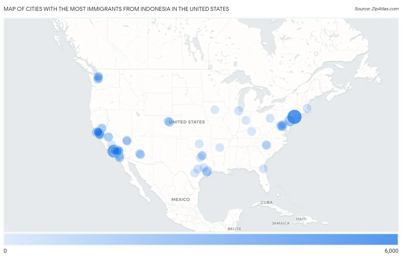 Cities with the Most Immigrants from Indonesia in the United States Map