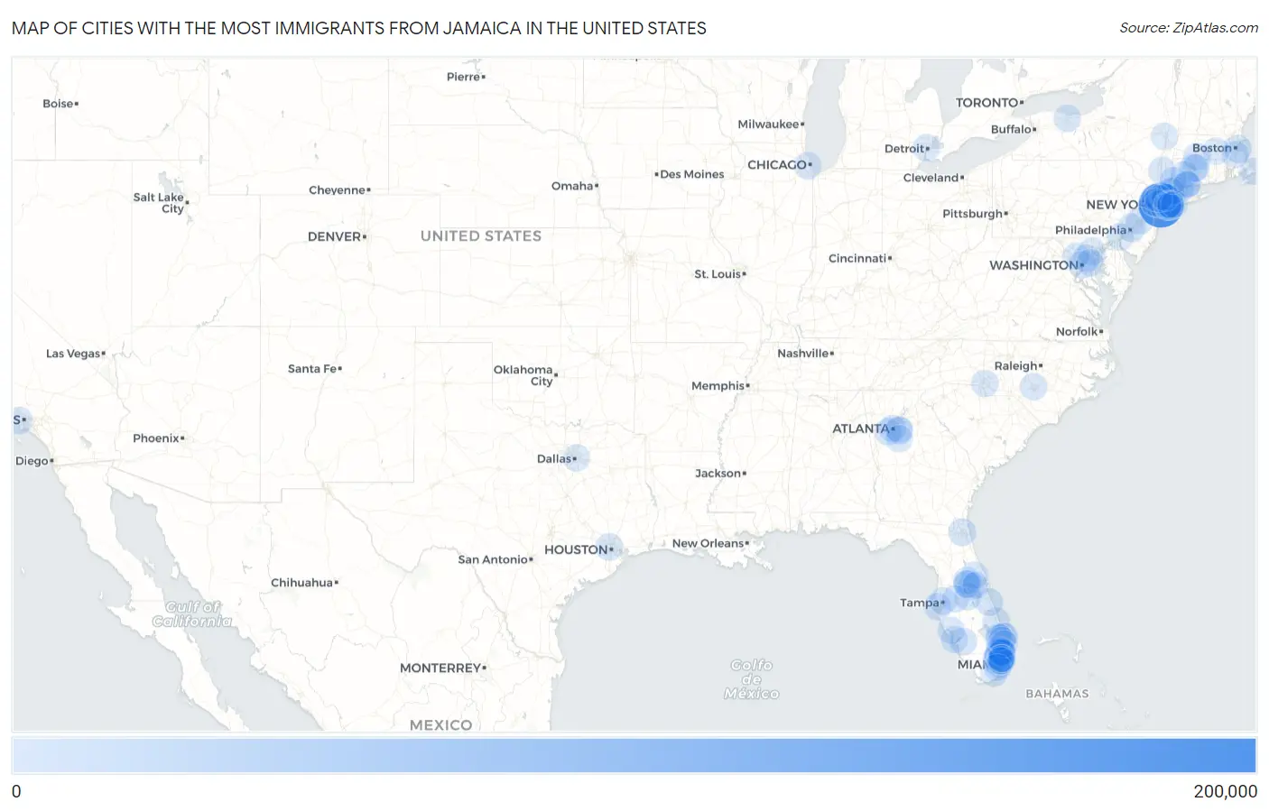 Cities with the Most Immigrants from Jamaica in the United States Map