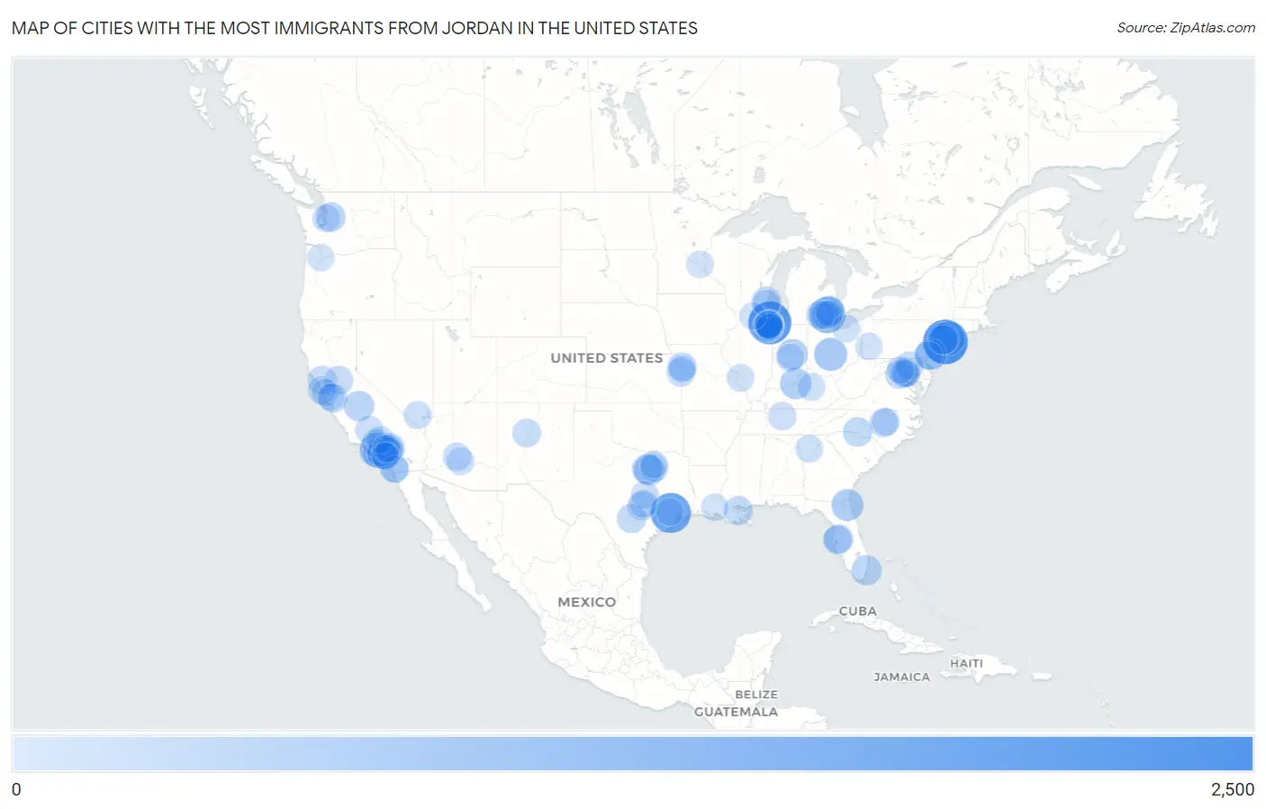 Cities with the Most Immigrants from Jordan in the United States Map