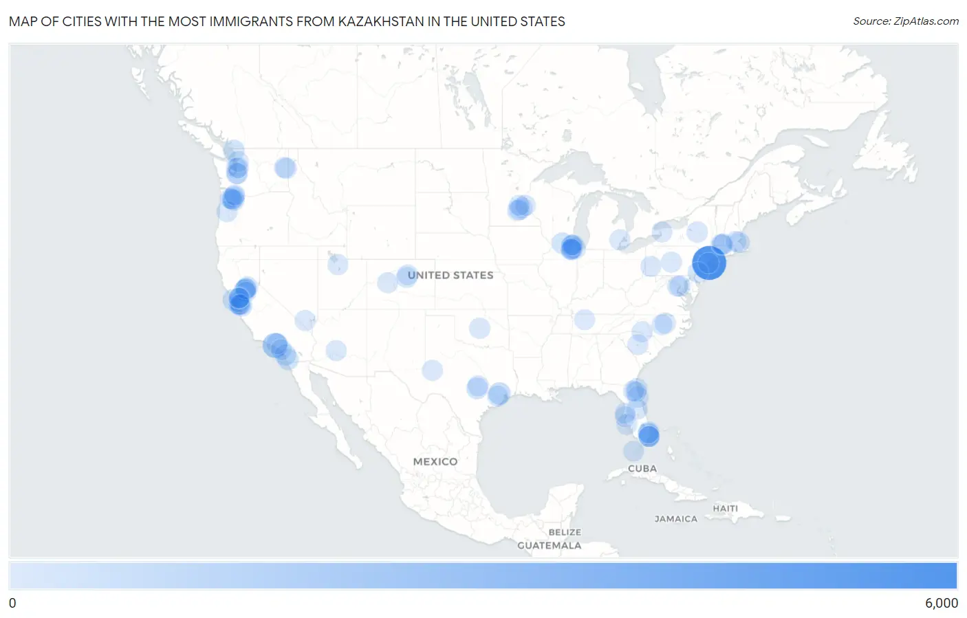 Cities with the Most Immigrants from Kazakhstan in the United States Map