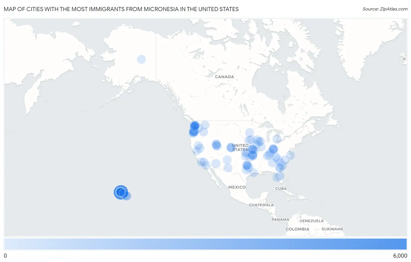 Cities with the Most Immigrants from Micronesia in the United States Map