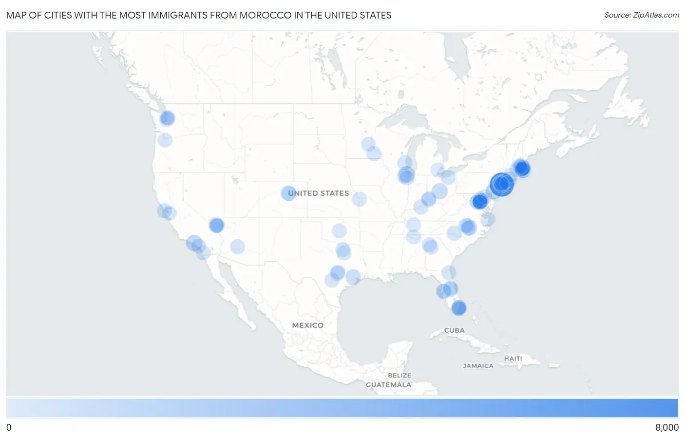 Cities with the Most Immigrants from Morocco in the United States Map
