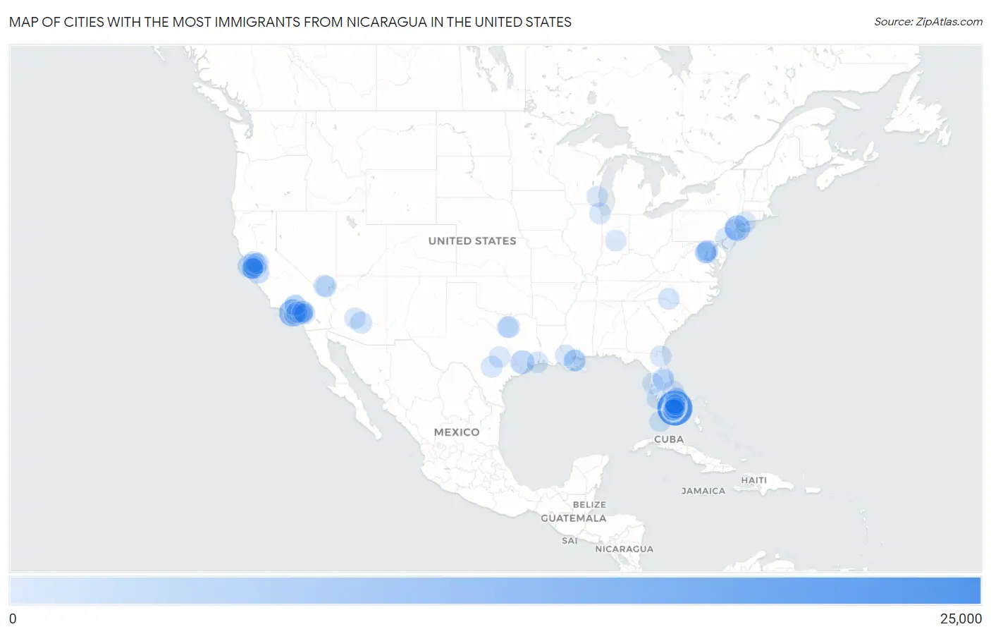 Cities with the Most Immigrants from Nicaragua in the United States Map
