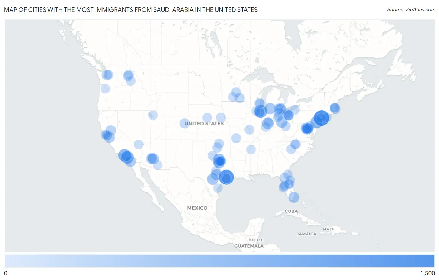 Cities with the Most Immigrants from Saudi Arabia in the United States Map
