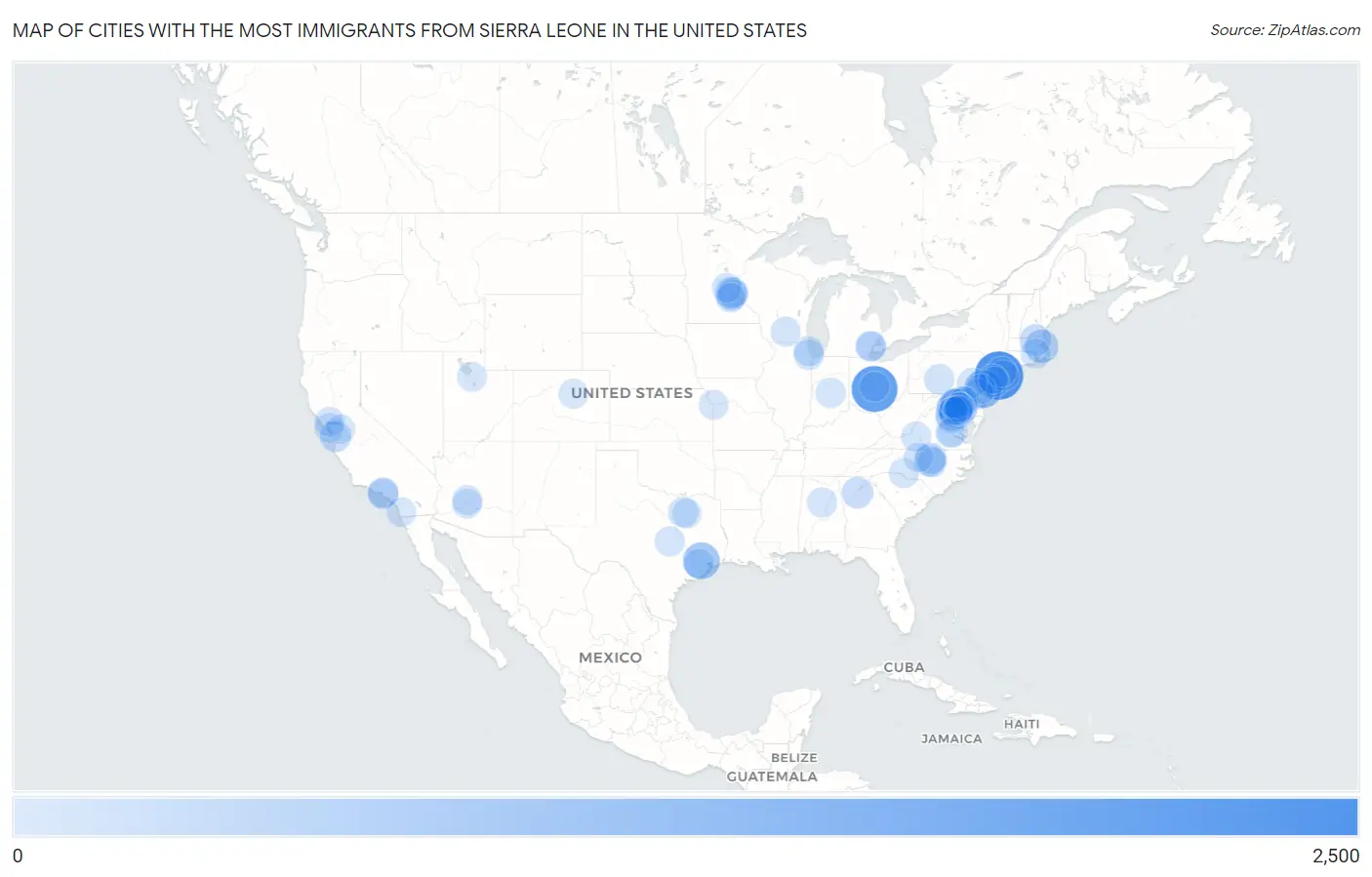 Cities with the Most Immigrants from Sierra Leone in the United States Map