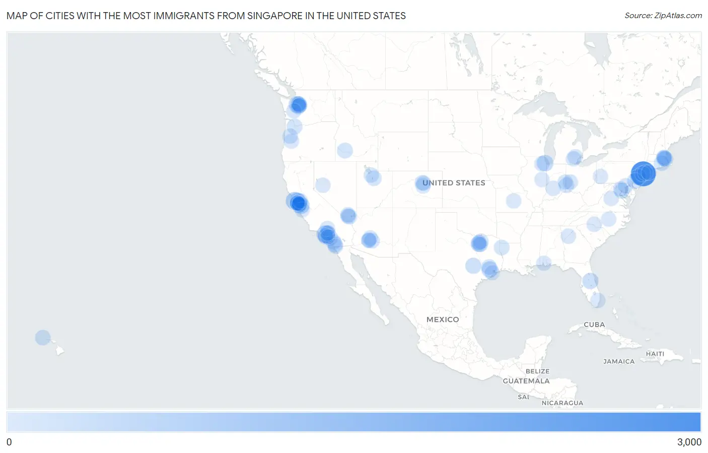 Cities with the Most Immigrants from Singapore in the United States Map