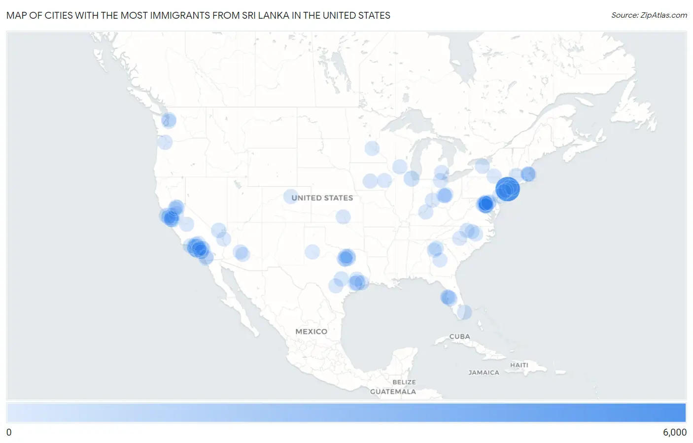 Cities with the Most Immigrants from Sri Lanka in the United States Map