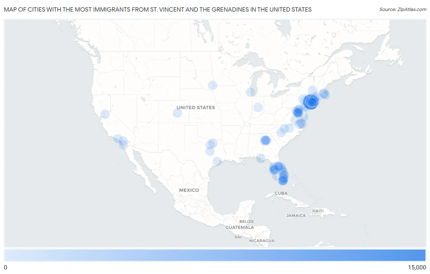 Cities with the Most Immigrants from St. Vincent and the Grenadines in the United States Map