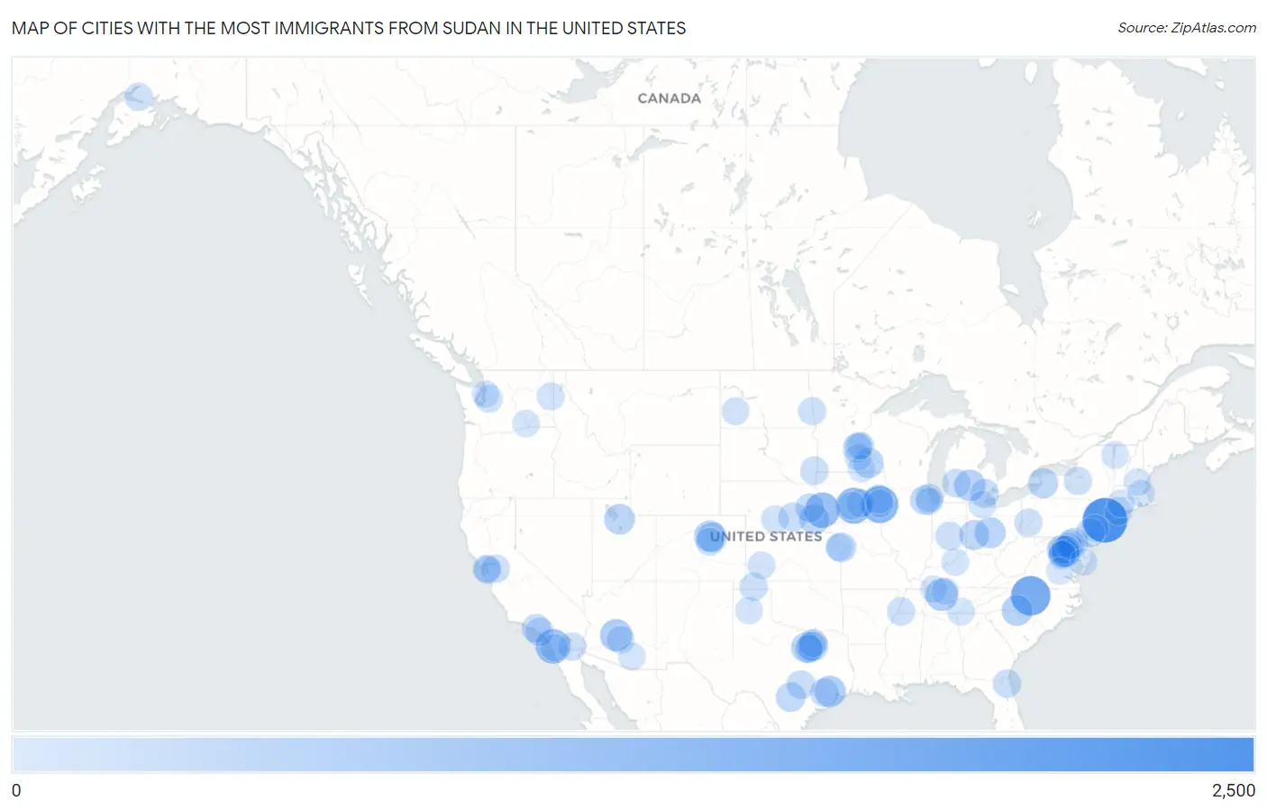Cities with the Most Immigrants from Sudan in the United States Map