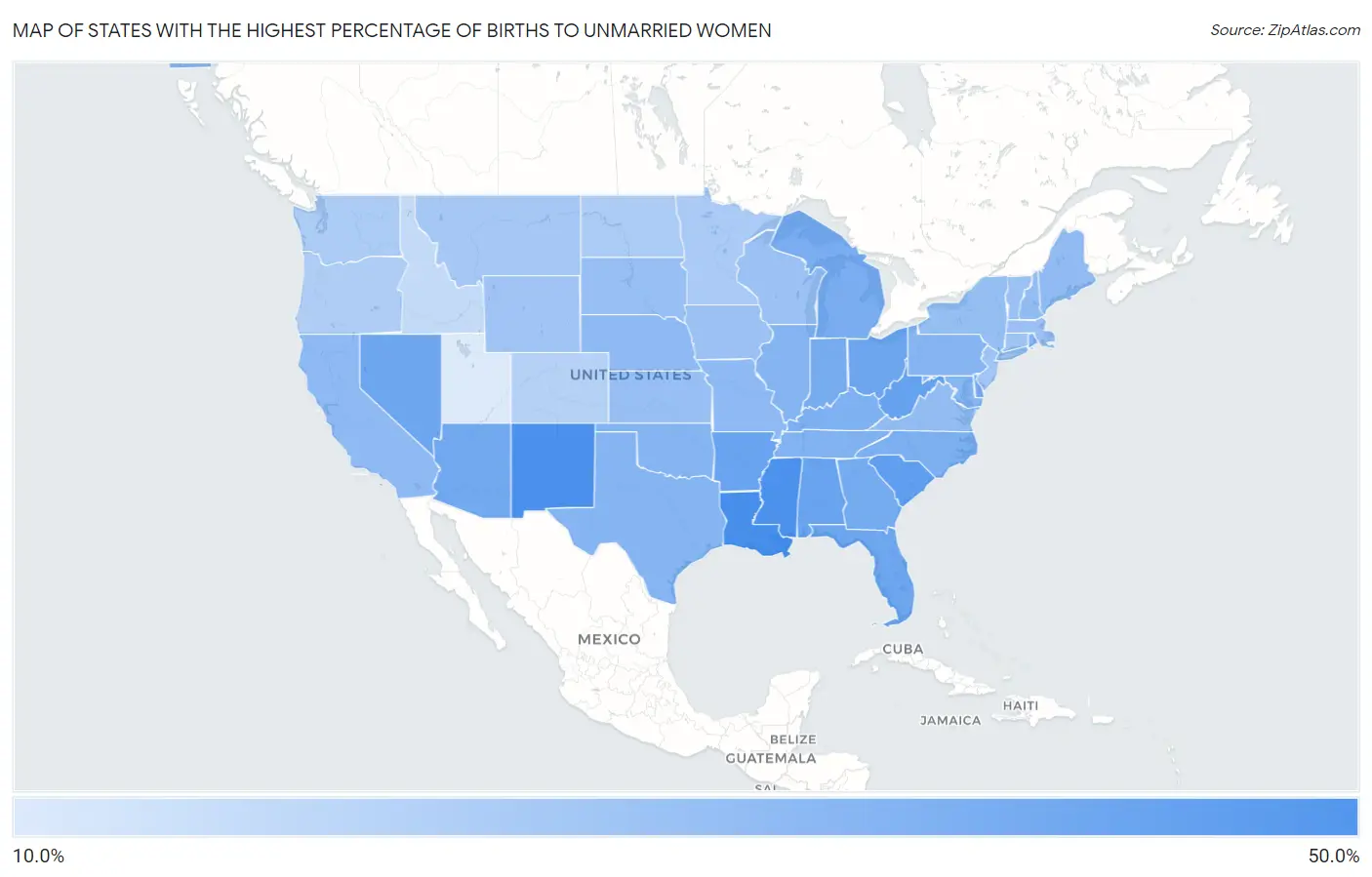States with the Highest Percentage of Births to Unmarried Women in the United States Map