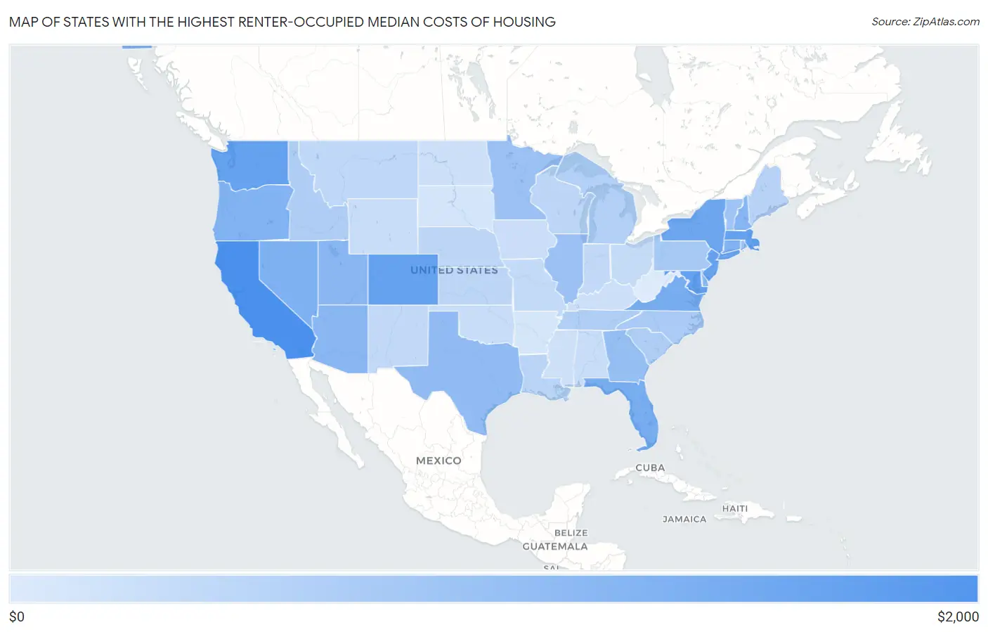 States with the Highest Renter-Occupied Median Costs of Housing in the United States Map