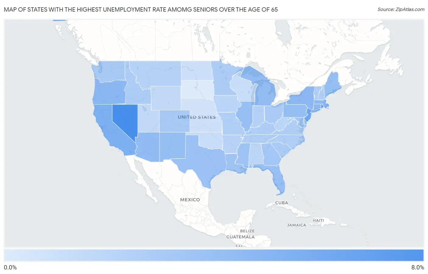 States with the Highest Unemployment Rate Amomg Seniors Over the Age of 65 in the United States Map