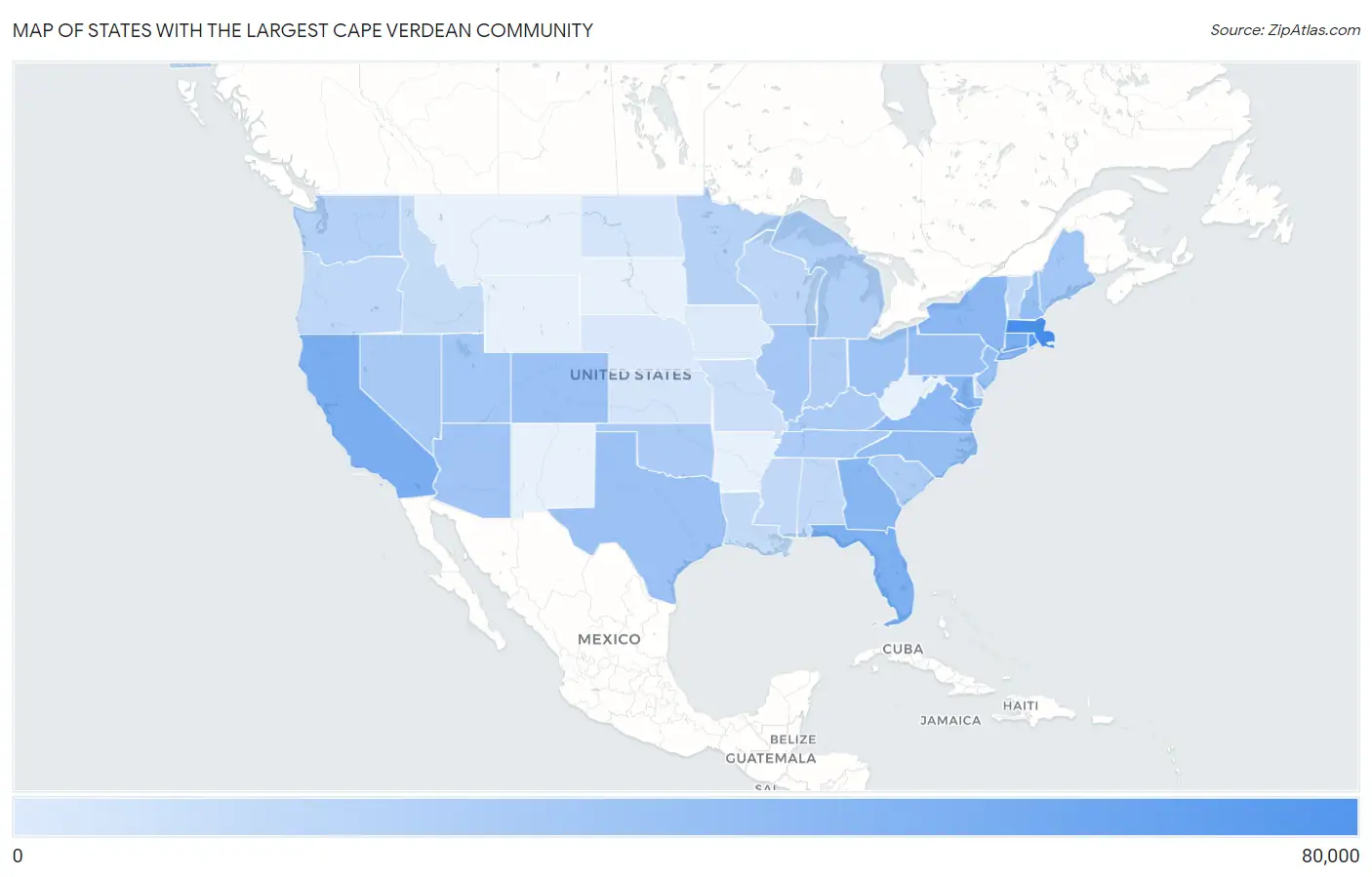 States with the Largest Cape Verdean Community in the United States Map