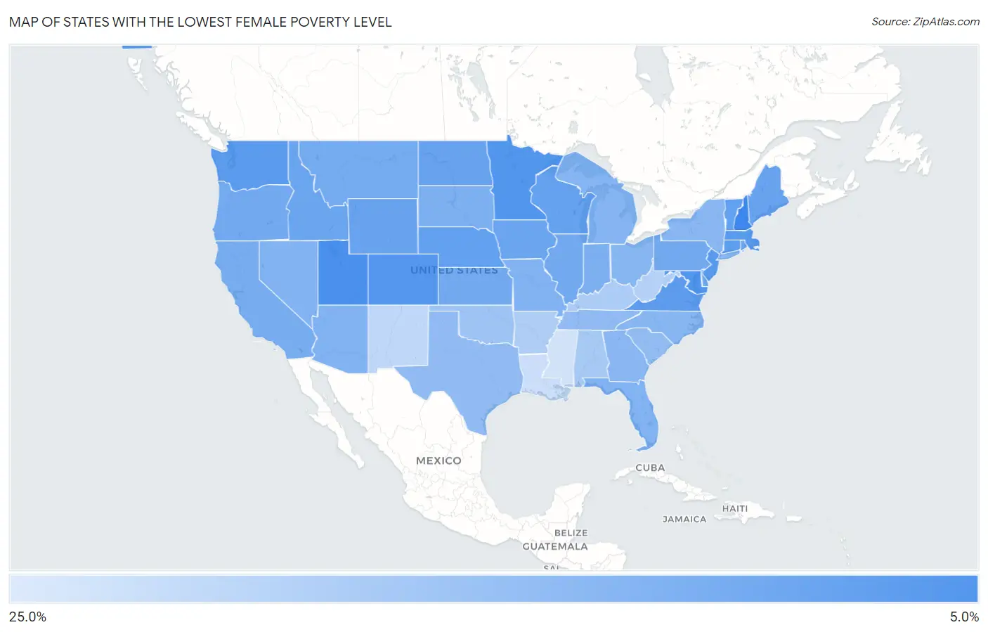 States with the Lowest Female Poverty Level in the United States Map
