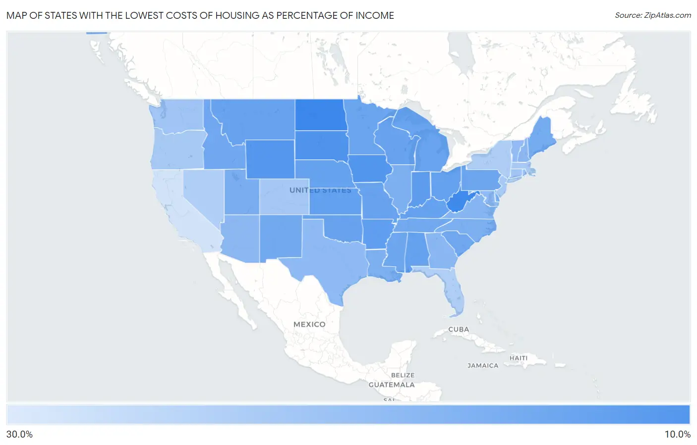 States with the Lowest Costs of Housing as Percentage of Income in the United States Map