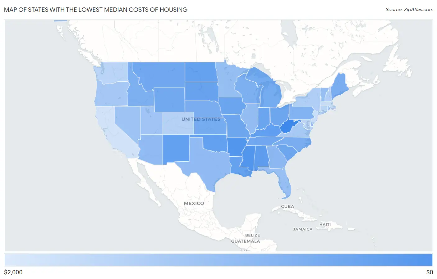 States with the Lowest Median Costs of Housing in the United States Map
