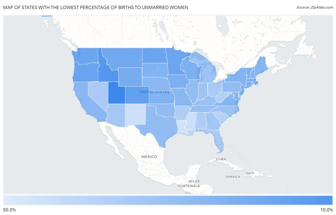 States with the Lowest Percentage of Births to Unmarried Women in the United States Map
