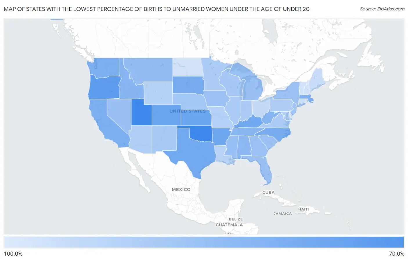States with the Lowest Percentage of Births to Unmarried Women under the Age of under 20 in the United States Map