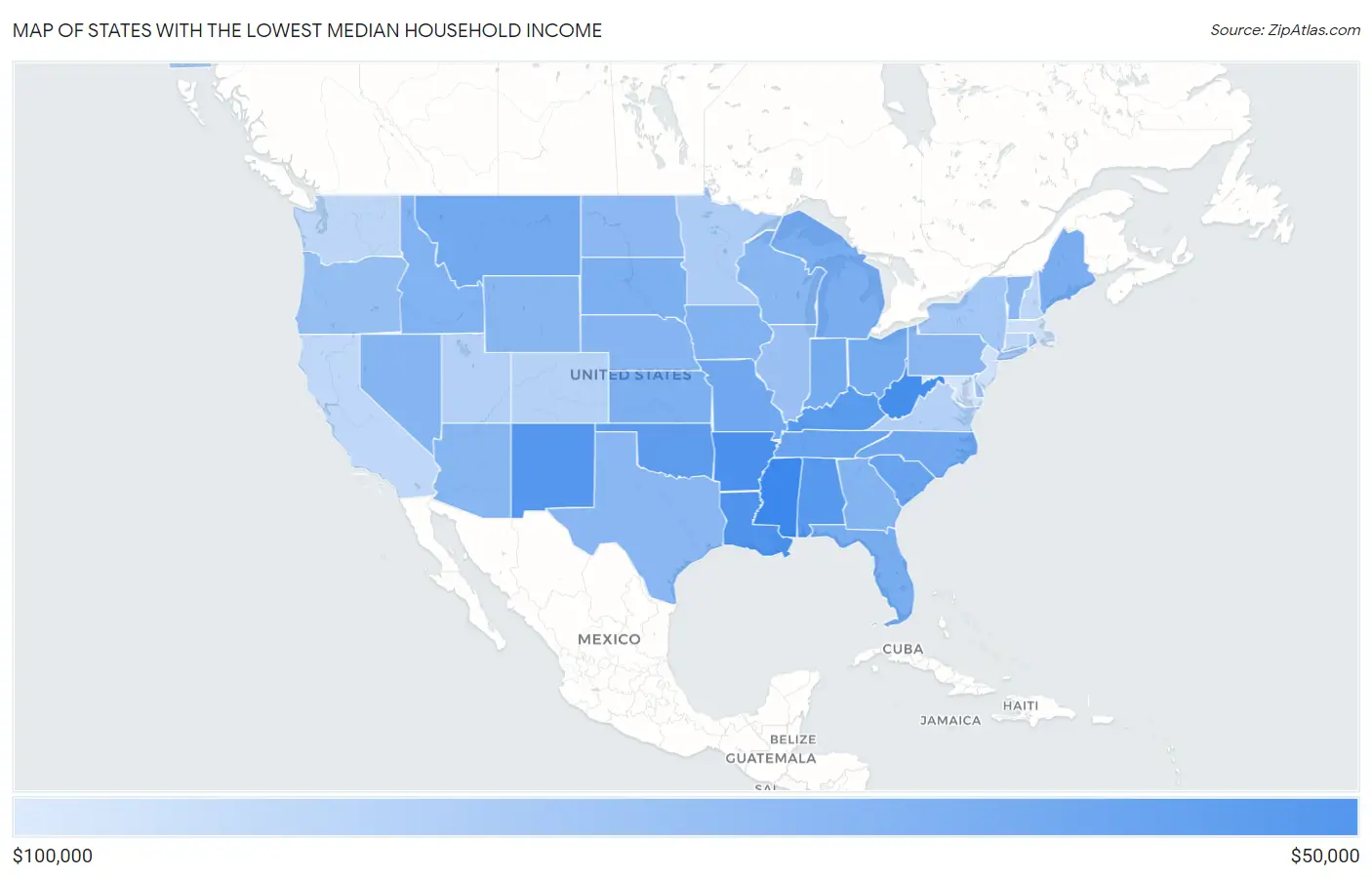 States with the Lowest Median Household Income in the United States Map