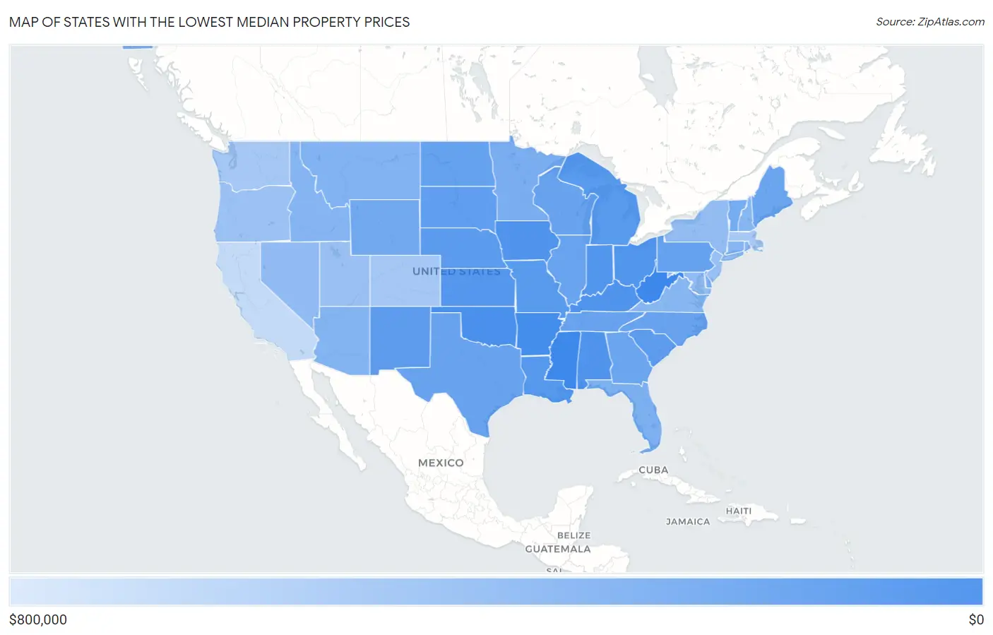 States with the Lowest Median Property Prices in the United States Map