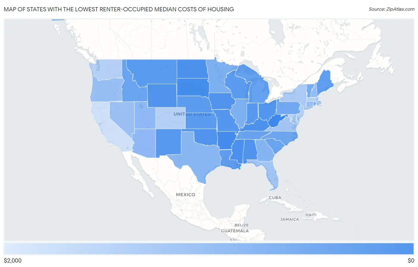 States with the Lowest Renter-Occupied Median Costs of Housing in the United States Map