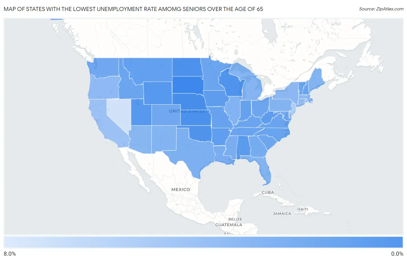 States with the Lowest Unemployment Rate Amomg Seniors Over the Age of 65 in the United States Map