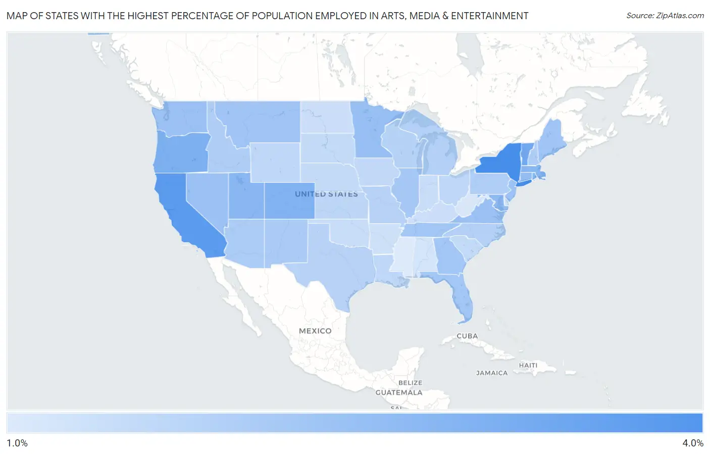 States with the Highest Percentage of Population Employed in Arts, Media & Entertainment in the United States Map