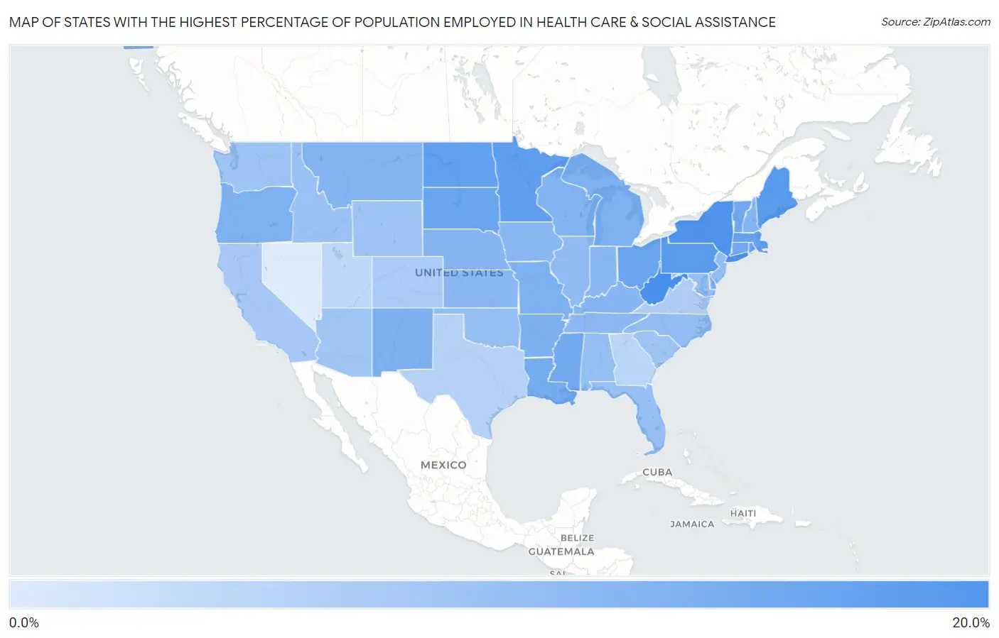 States with the Highest Percentage of Population Employed in Health Care & Social Assistance in the United States Map