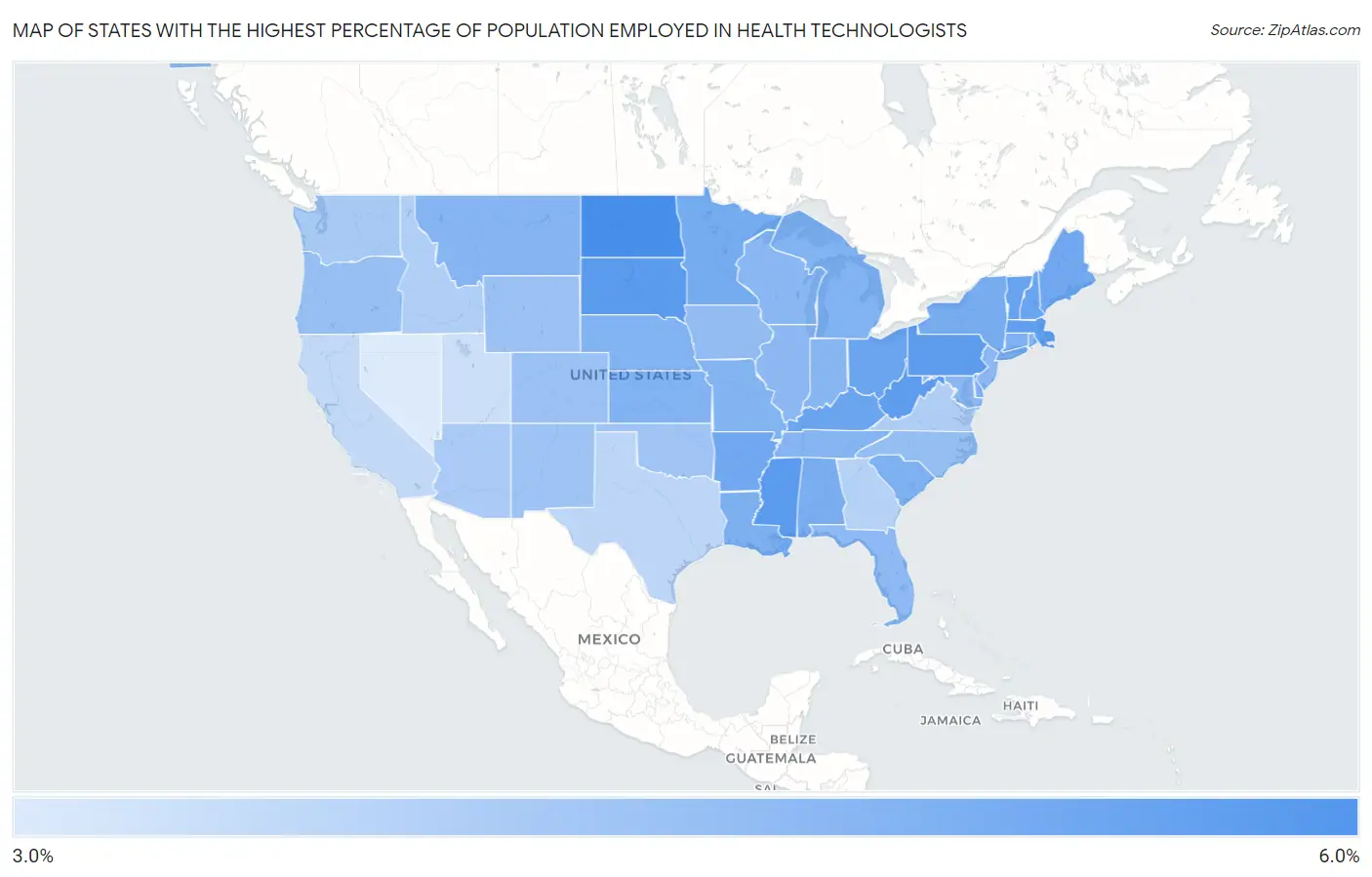States with the Highest Percentage of Population Employed in Health Technologists in the United States Map