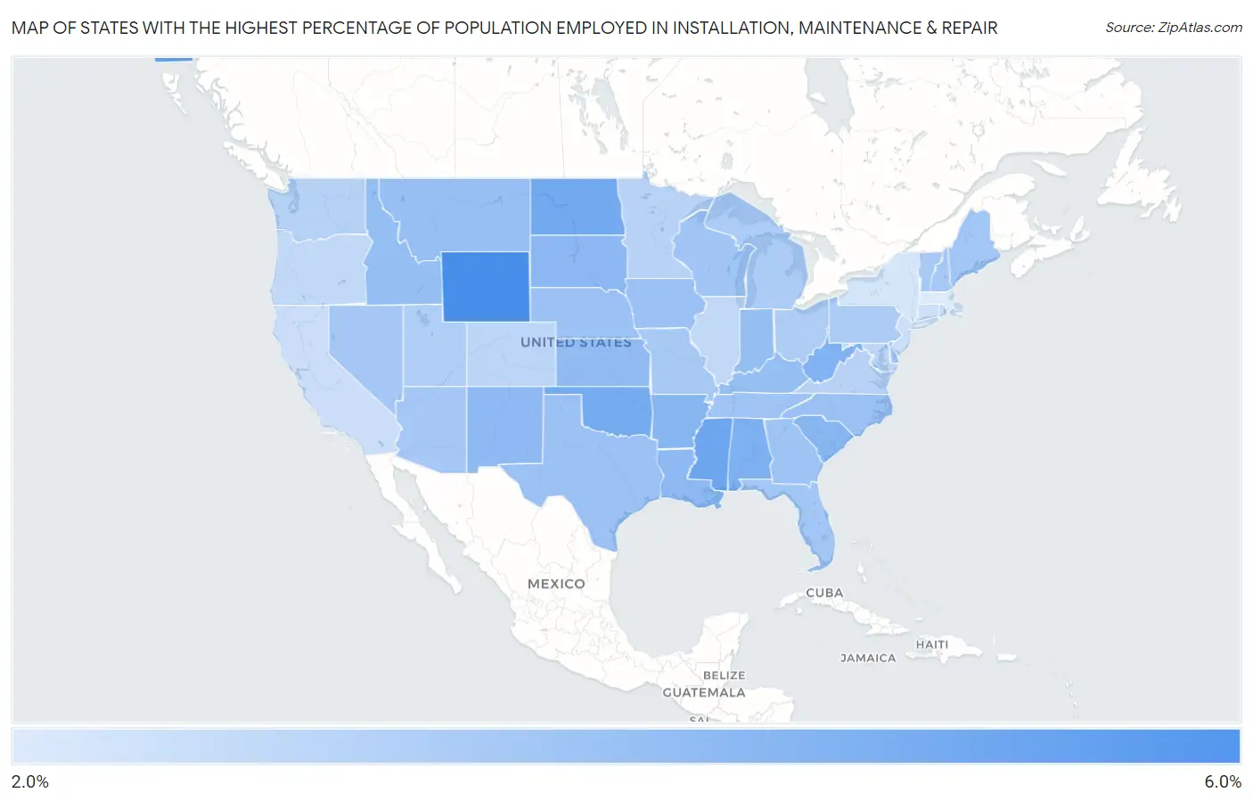 States with the Highest Percentage of Population Employed in Installation, Maintenance & Repair in the United States Map
