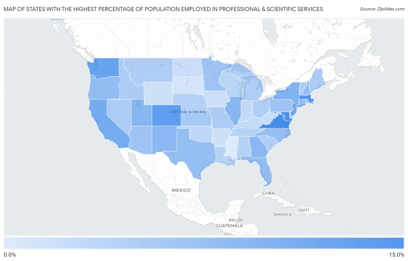 States with the Highest Percentage of Population Employed in Professional & Scientific Services in the United States Map