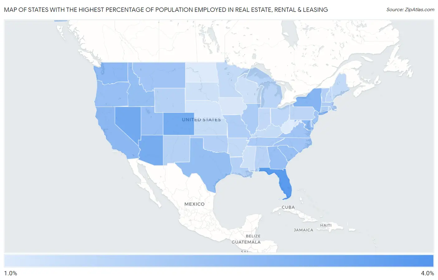 States with the Highest Percentage of Population Employed in Real Estate, Rental & Leasing in the United States Map