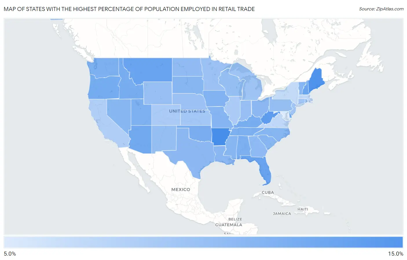 States with the Highest Percentage of Population Employed in Retail Trade in the United States Map