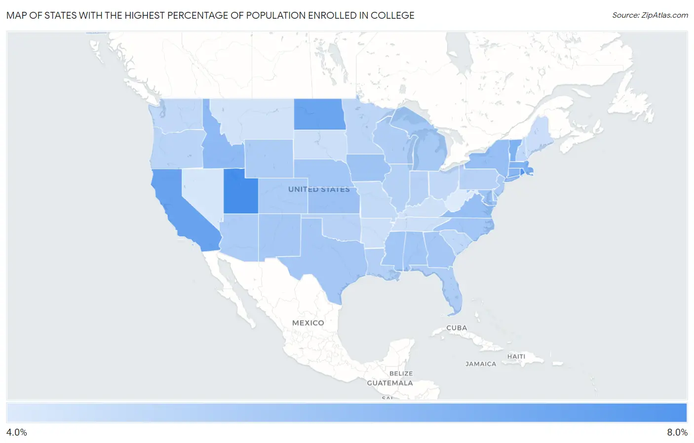 States with the Highest Percentage of Population Enrolled in College in the United States Map