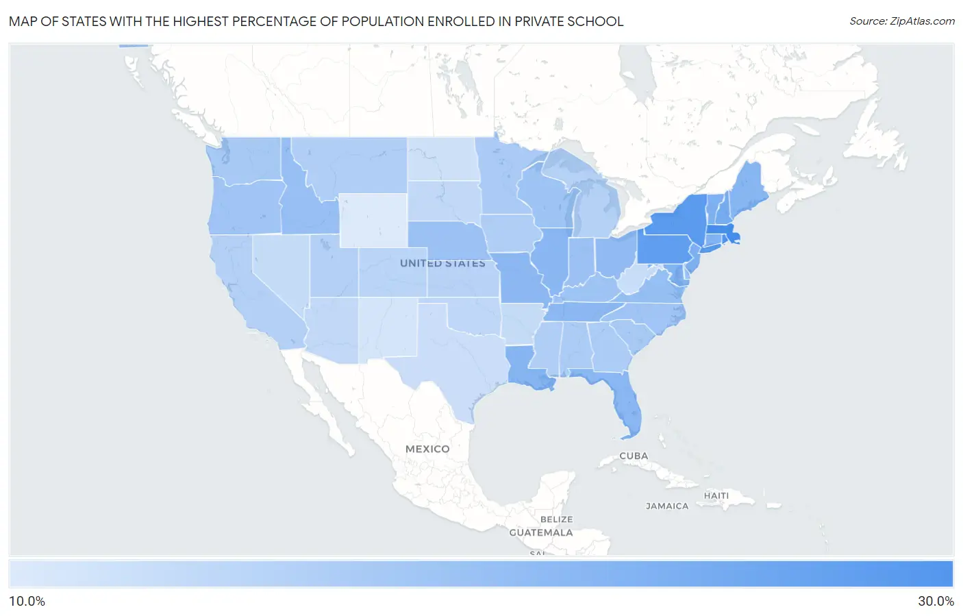 States with the Highest Percentage of Population Enrolled in Private School in the United States Map
