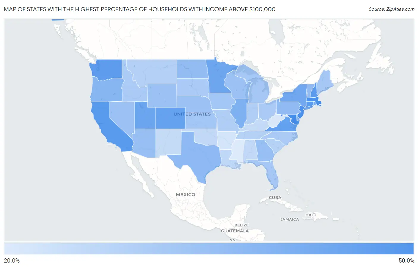 States with the Highest Percentage of Households with Income Above $100,000 in the United States Map