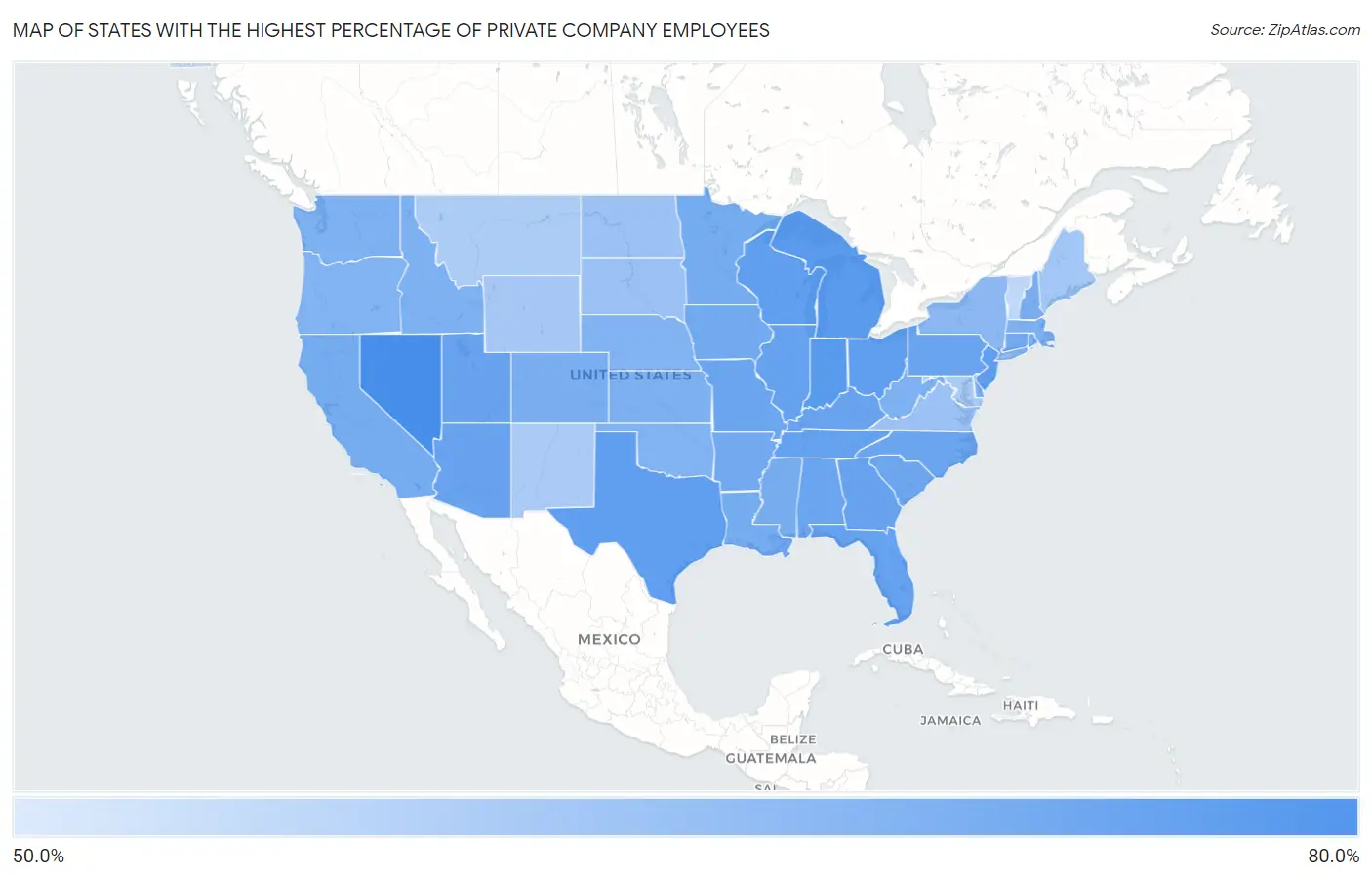 States with the Highest Percentage of Private Company Employees in the United States Map