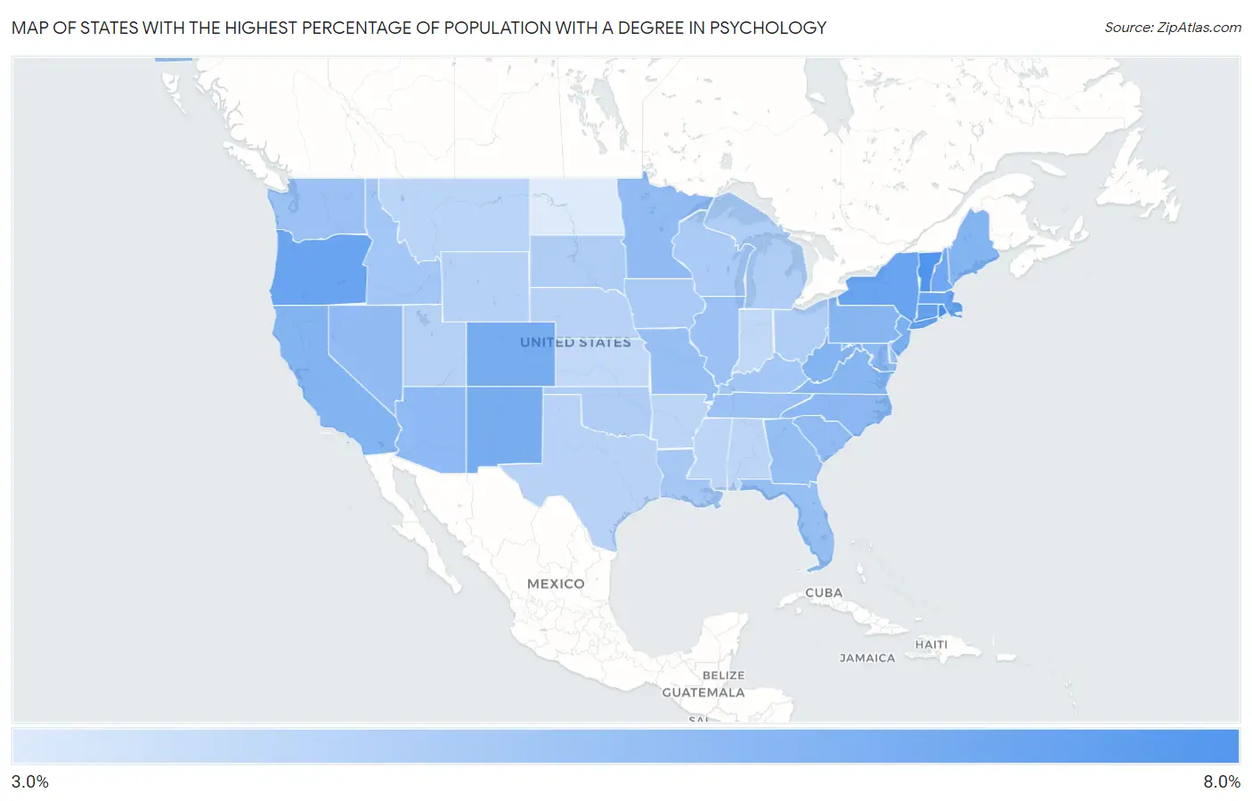 States with the Highest Percentage of Population with a Degree in Psychology in the United States Map
