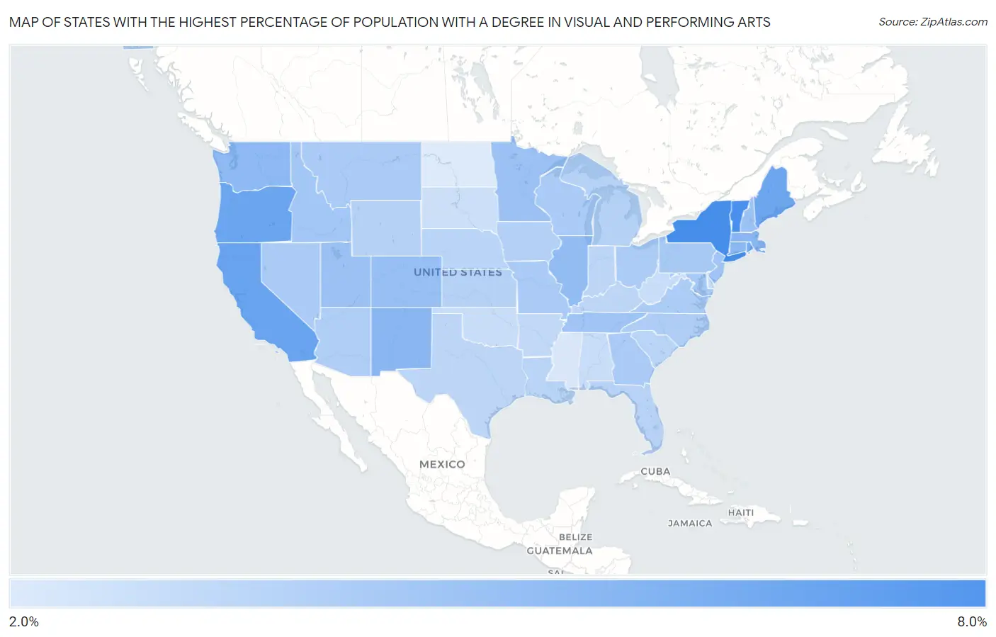 States with the Highest Percentage of Population with a Degree in Visual and Performing Arts in the United States Map
