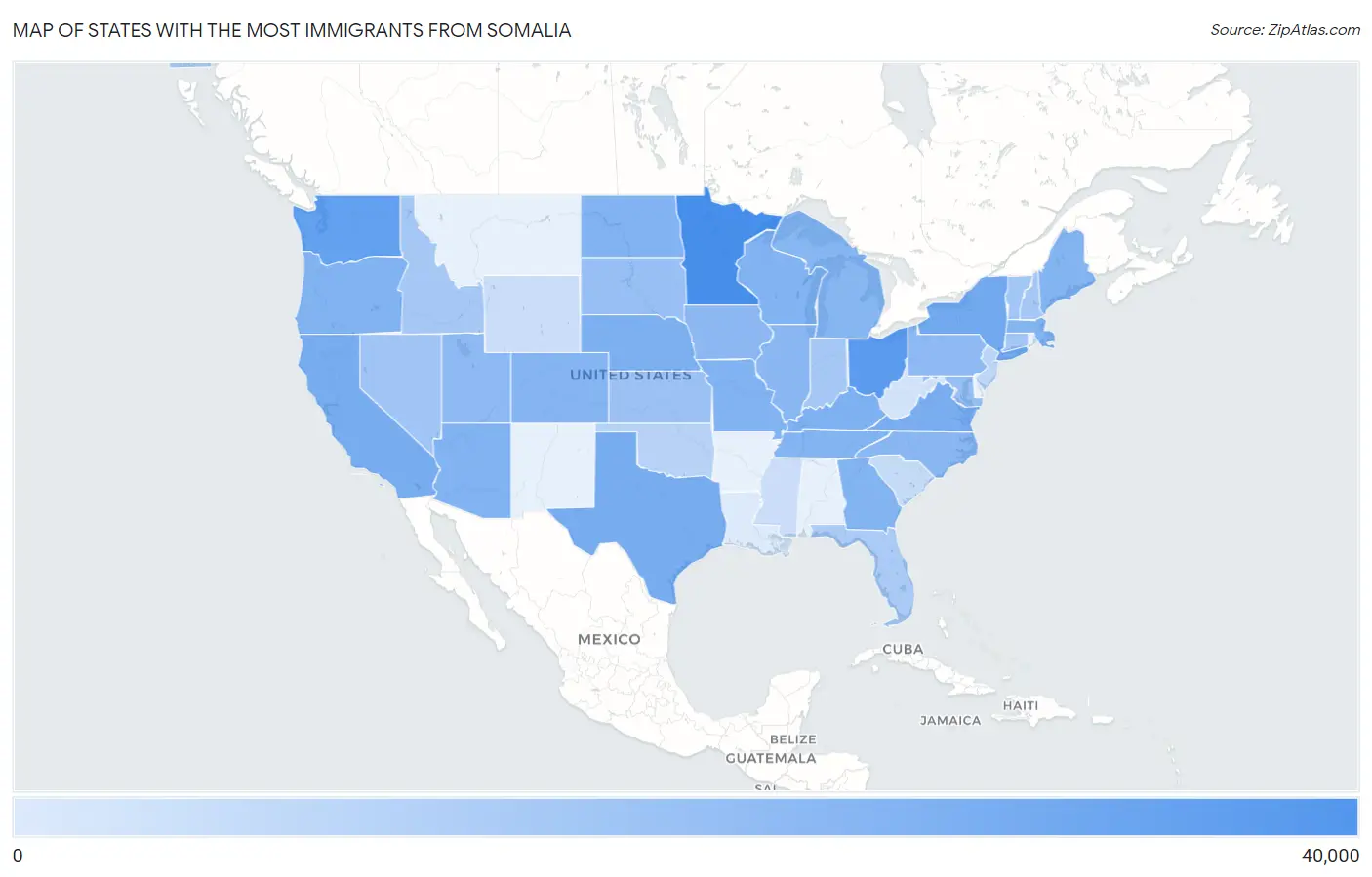 States with the Most Immigrants from Somalia in the United States Map