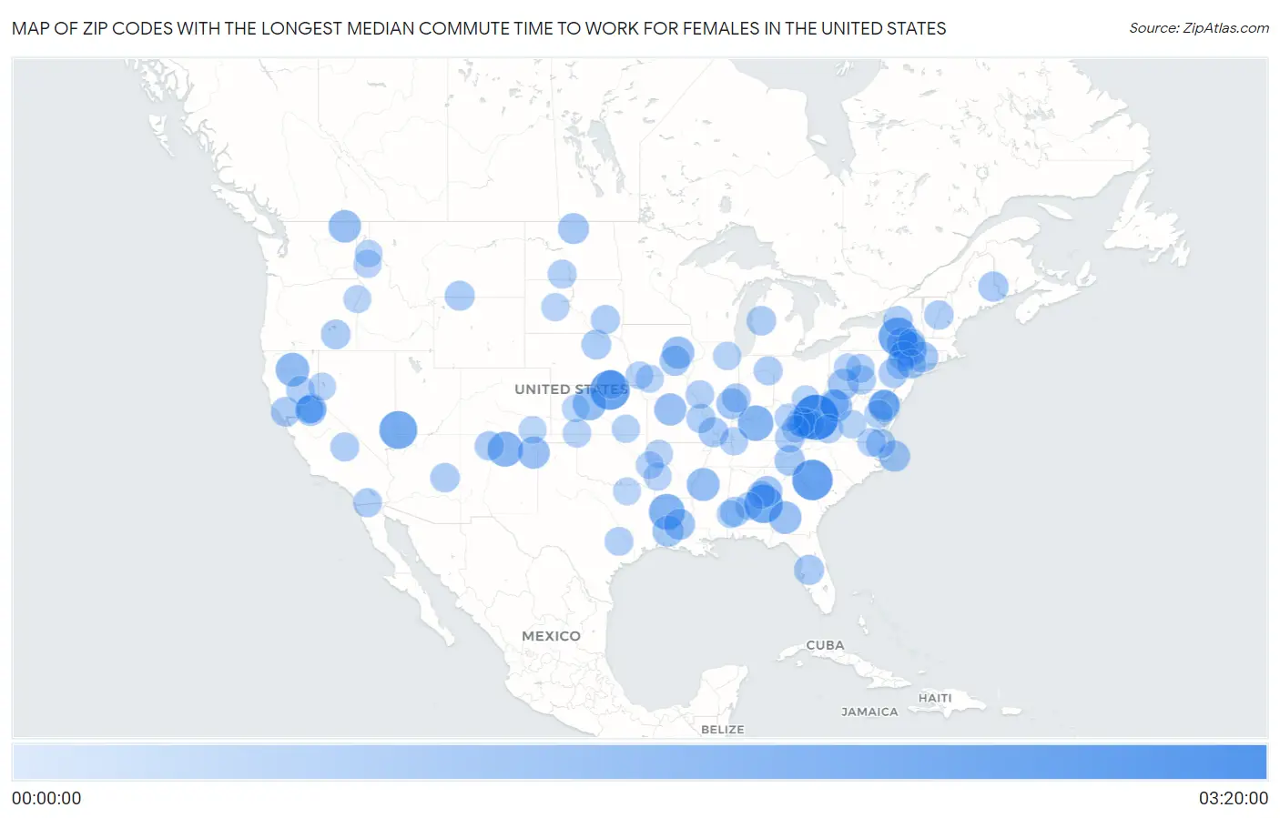 Zip Codes with the Longest Median Commute Time to Work for Females in the United States Map