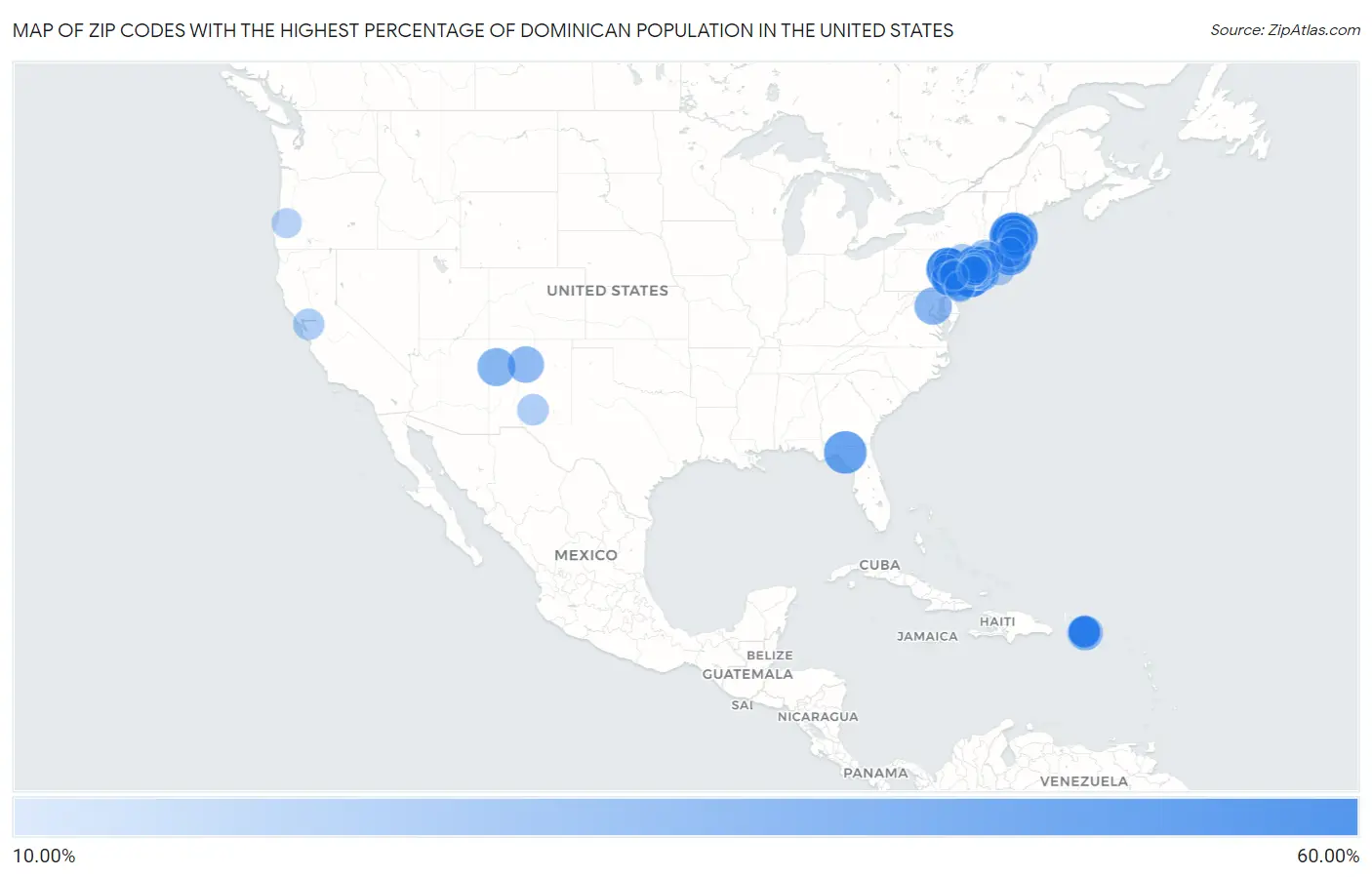 Zip Codes with the Highest Percentage of Dominican Population in the United States Map
