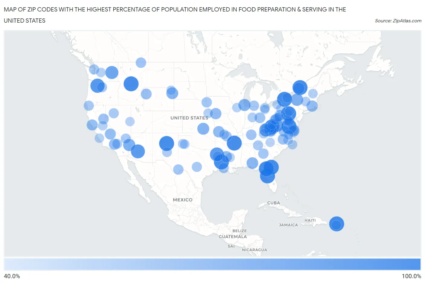 Zip Codes with the Highest Percentage of Population Employed in Food Preparation & Serving in the United States Map